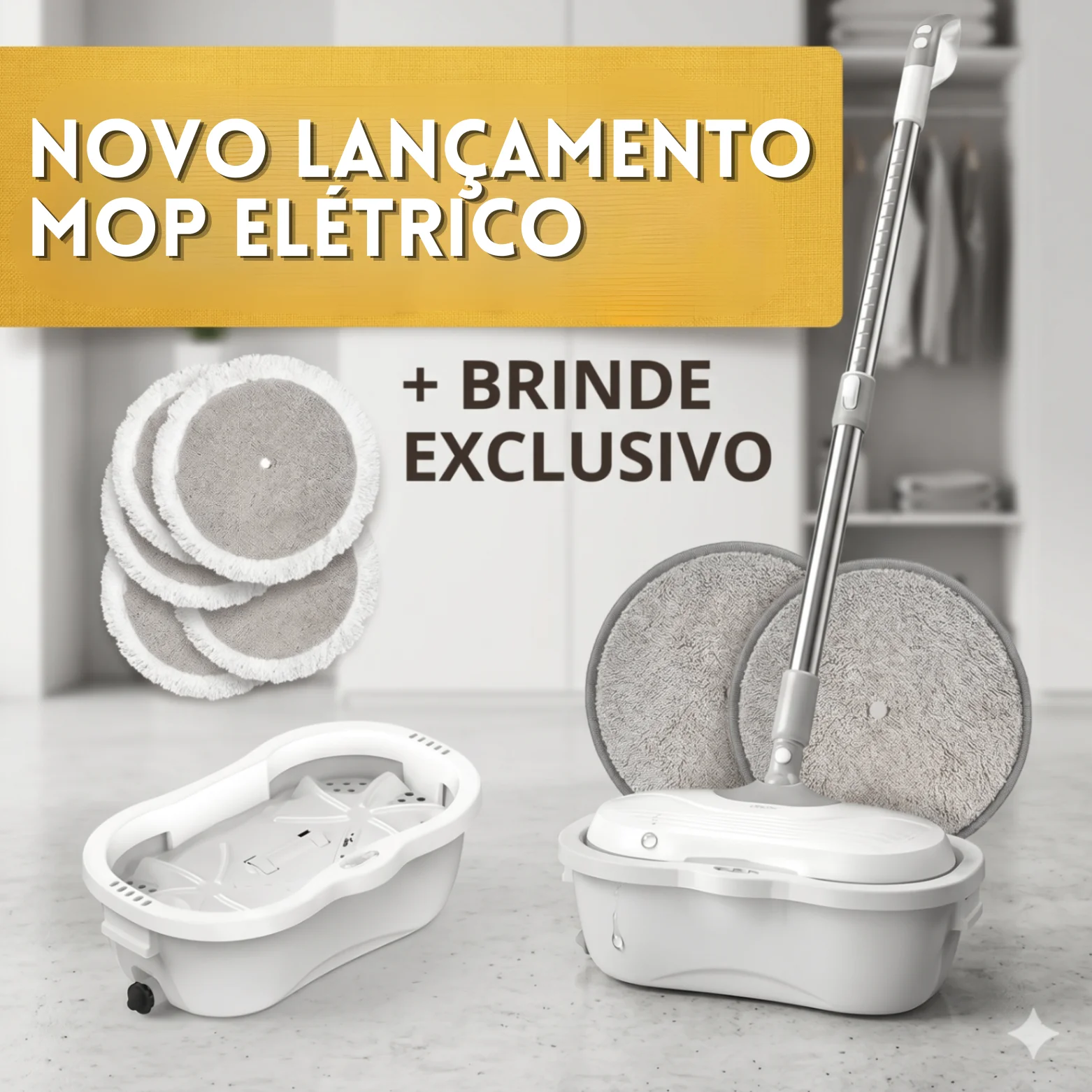 Mop Elétrico Spin 360° + Brindes: Módulos, Tanque e Refis Extras