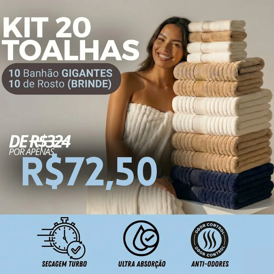 CloudSoft™ Toalha Premium Algodão Turco | Kit 10 Banhão + 10 Rosto (BRINDE)